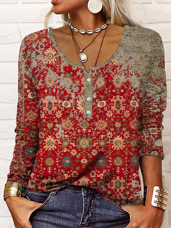 Women's Sweater Relaxed Fit Knit Aztec Pattern Henley Neckline