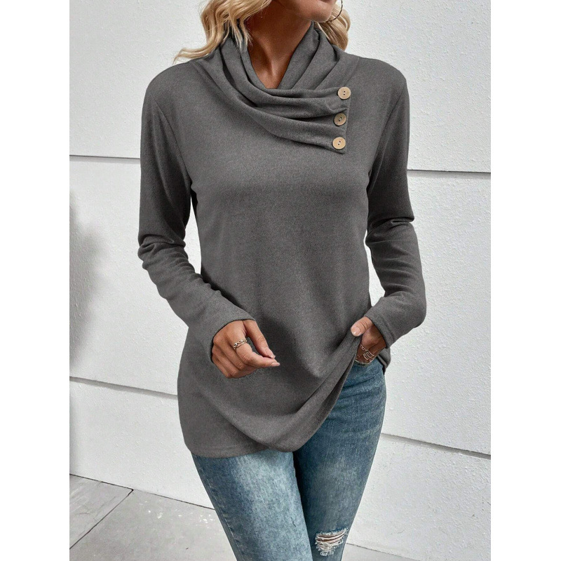 Women's Longsleeve Top Relaxed Fit Light Knit Fabric Cowl Neck with Buttons
