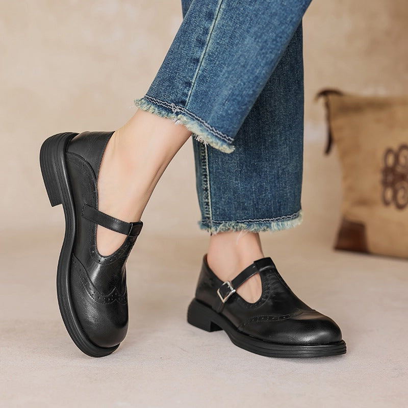 T-Strap Shoes for Women – Textured Look with Perforated Details