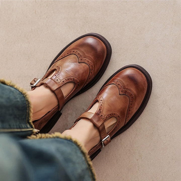 T-Strap Shoes for Women – Textured Look with Perforated Details