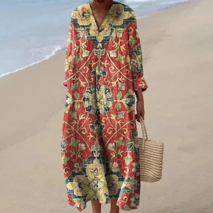 Keilani | Retro Floral V-Neck Midi Dress