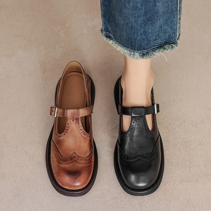 T-Strap Shoes for Women – Textured Look with Perforated Details