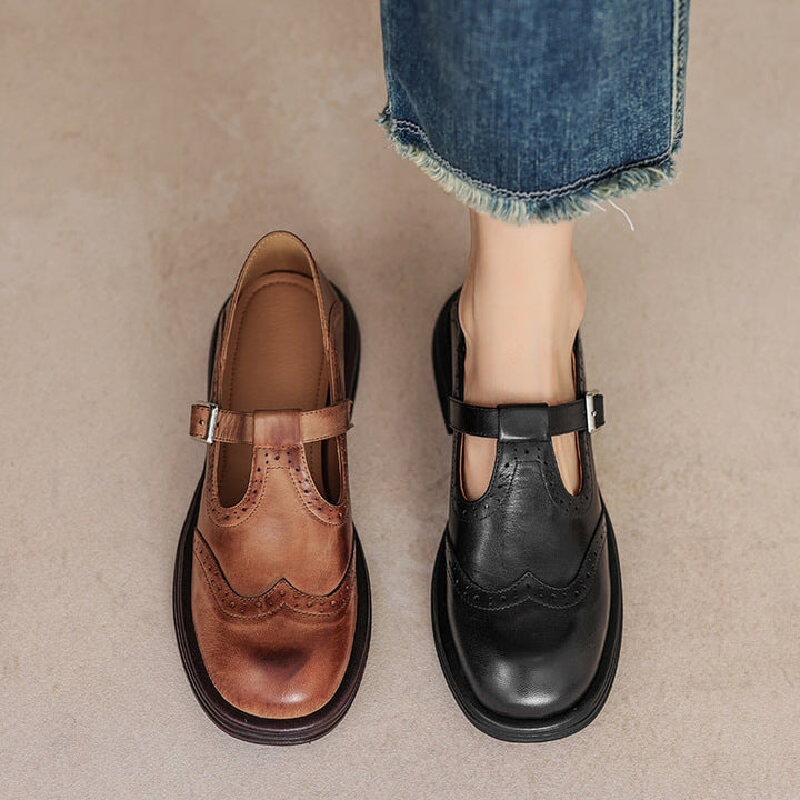 T-Strap Shoes for Women – Textured Look with Perforated Details