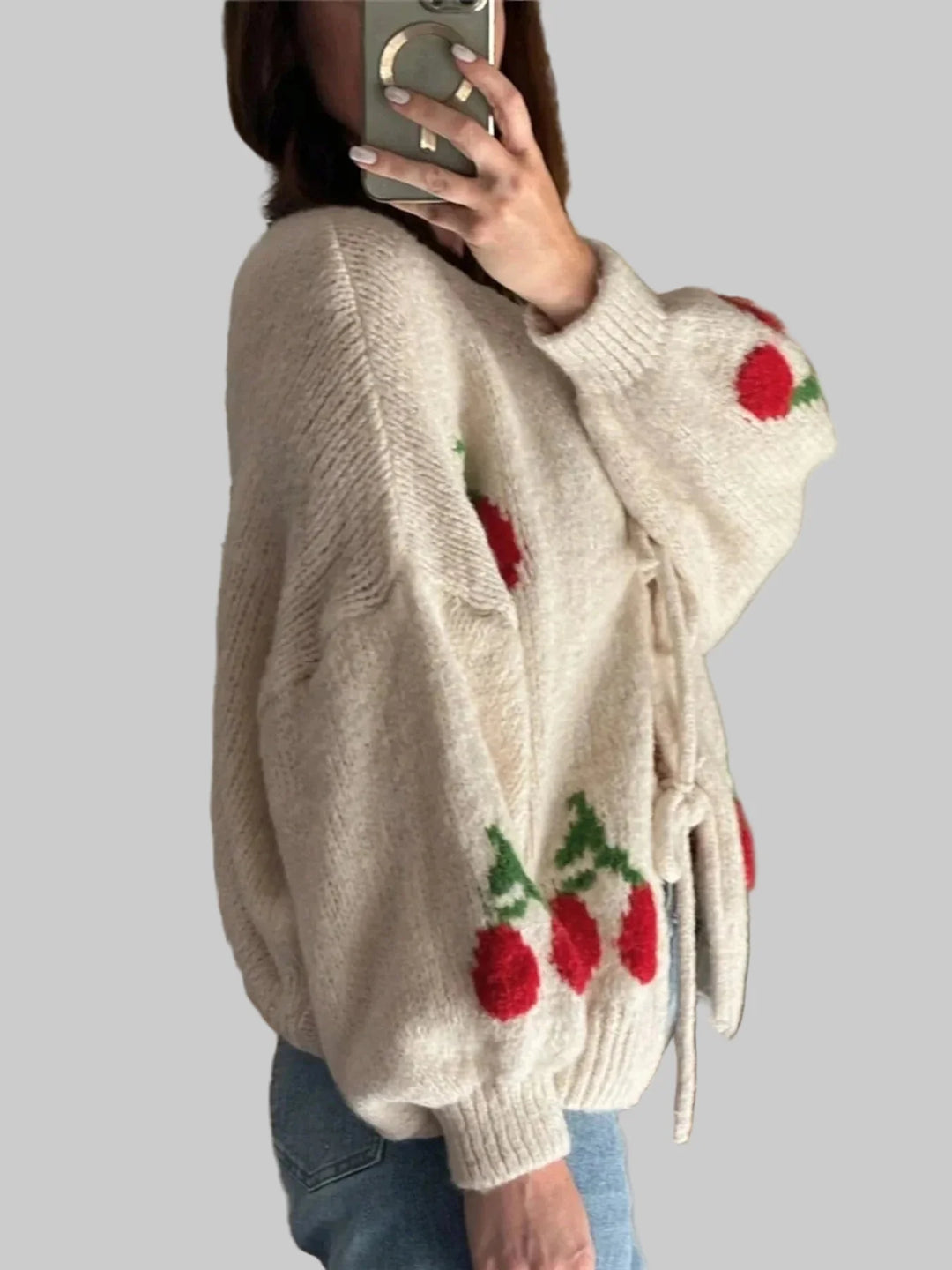 Cherry Pattern Tie-Front Oversized Cardigan