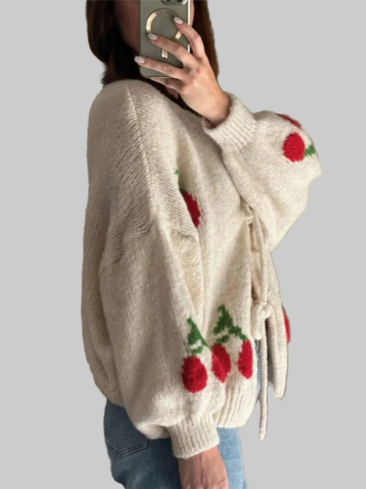 Cherry Pattern Tie-Front Oversized Cardigan