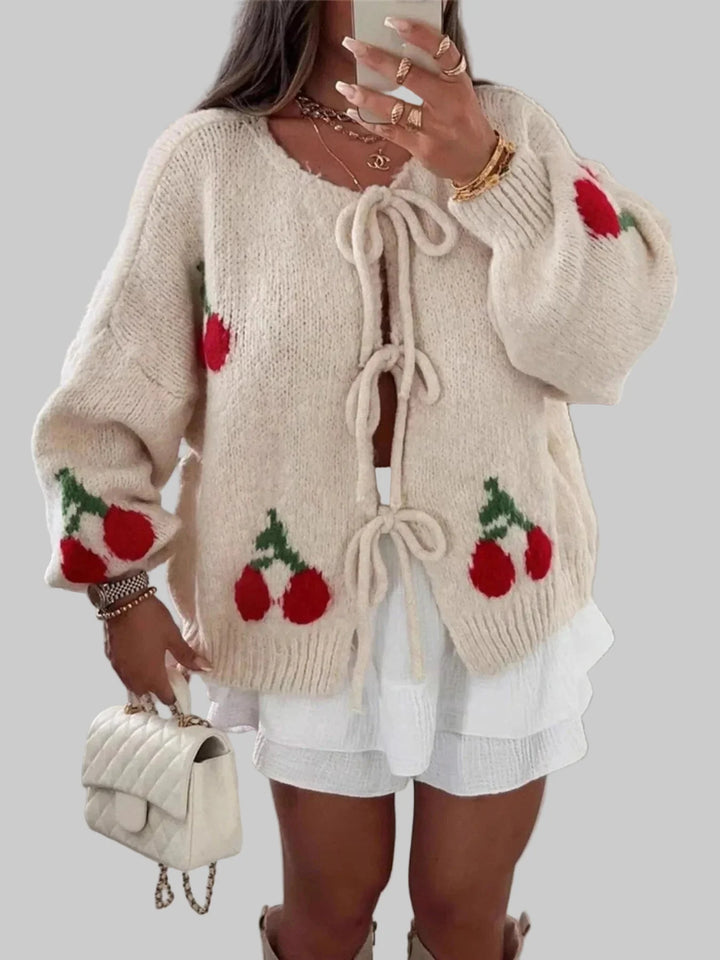 Cherry Pattern Tie-Front Oversized Cardigan
