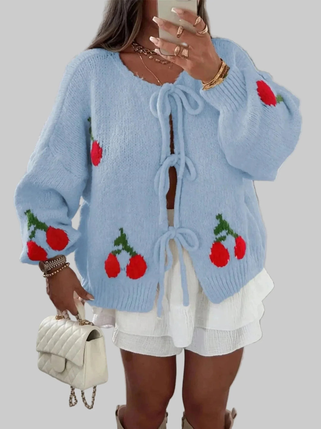 Cherry Pattern Tie-Front Oversized Cardigan