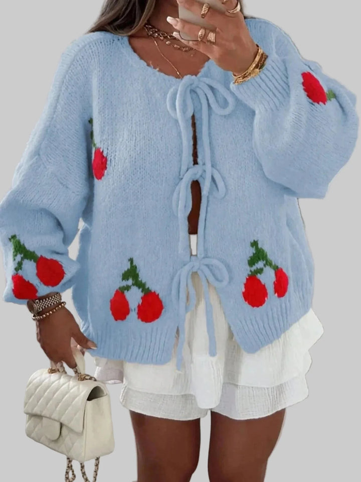 Cherry Pattern Tie-Front Oversized Cardigan