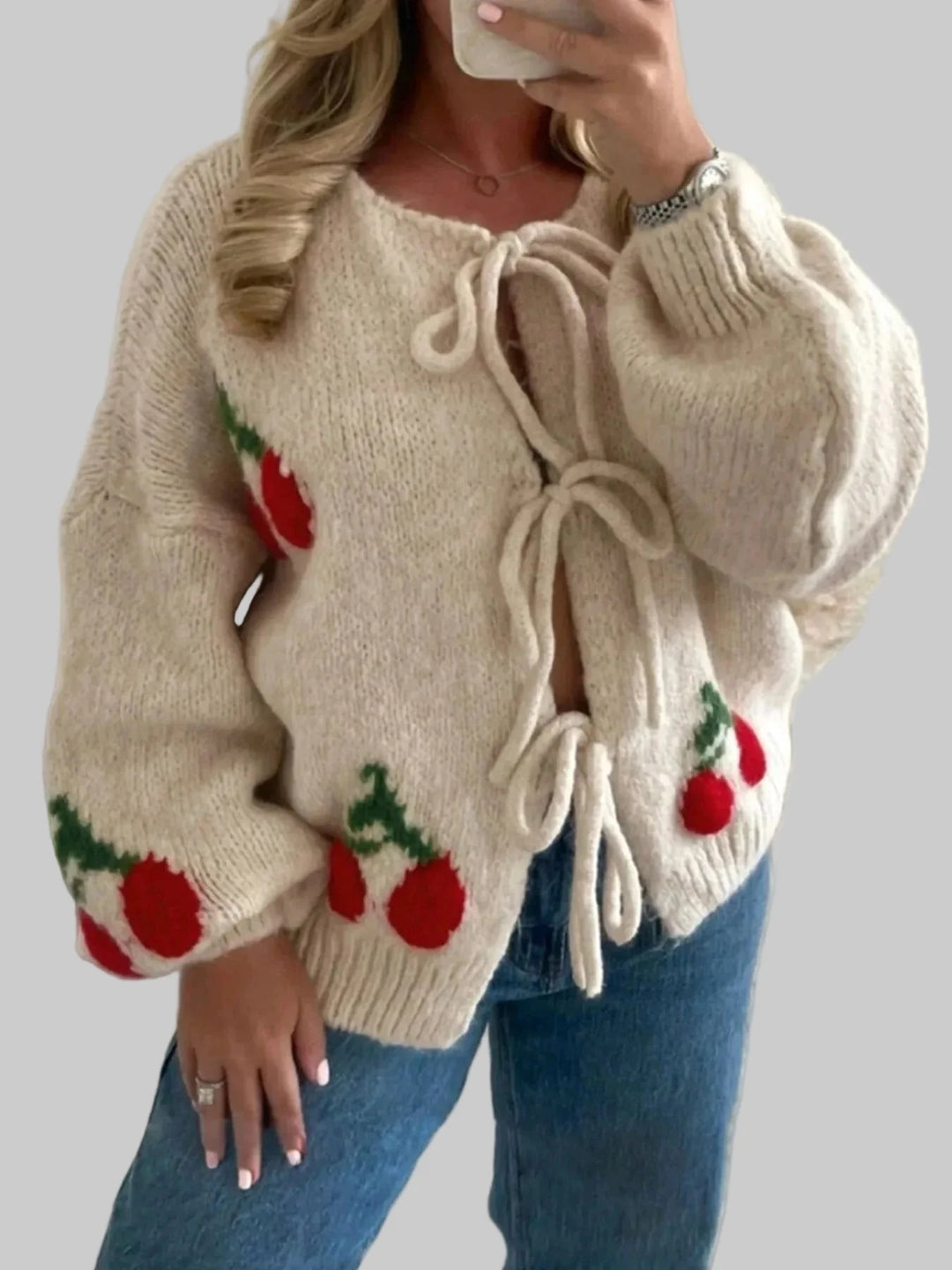 Cherry Pattern Tie-Front Oversized Cardigan
