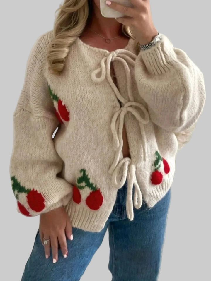 Cherry Pattern Tie-Front Oversized Cardigan