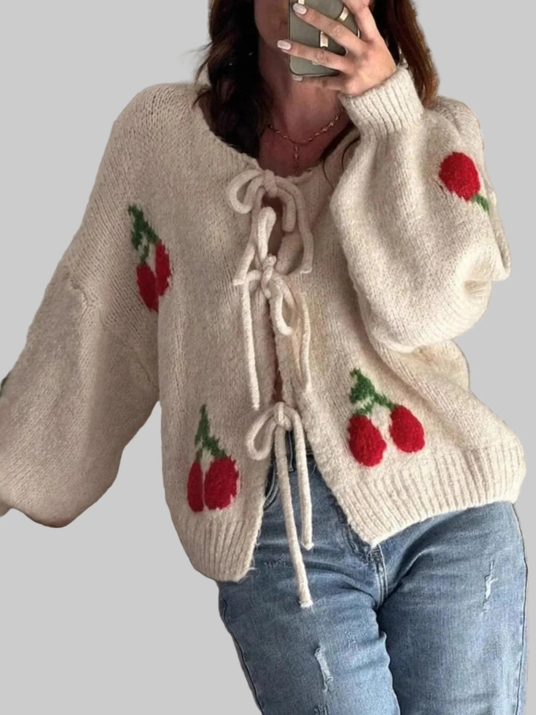 Cherry Pattern Tie-Front Oversized Cardigan