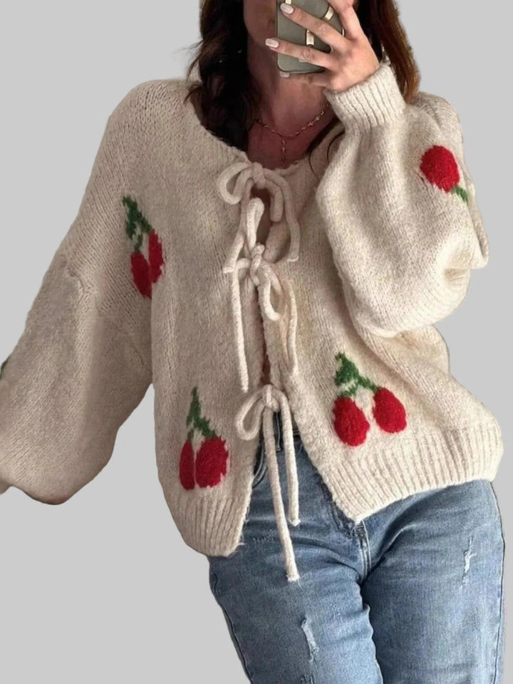 Cherry Pattern Tie-Front Oversized Cardigan
