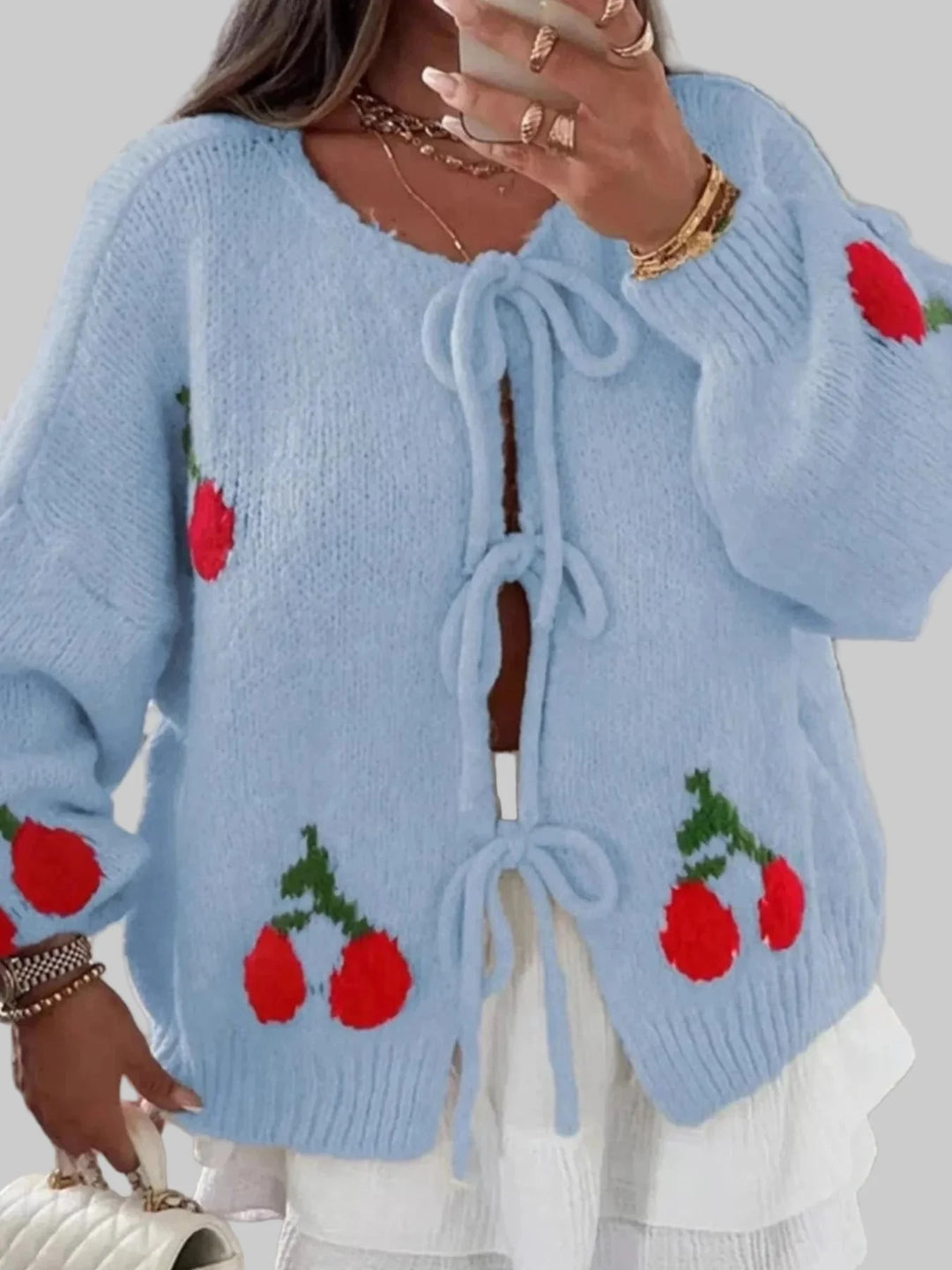 Cherry Pattern Tie-Front Oversized Cardigan