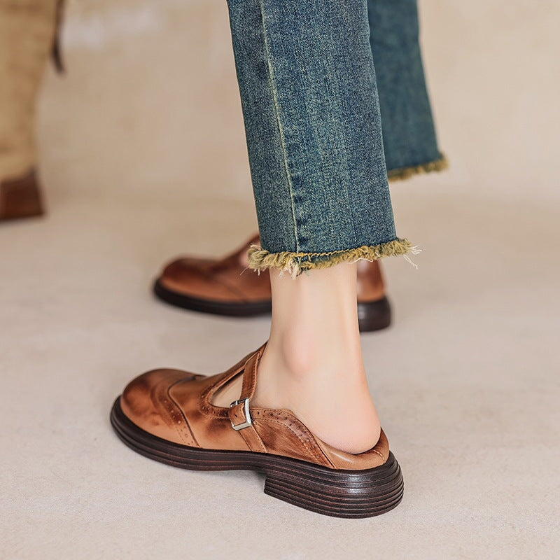 T-Strap Shoes for Women – Textured Look with Perforated Details