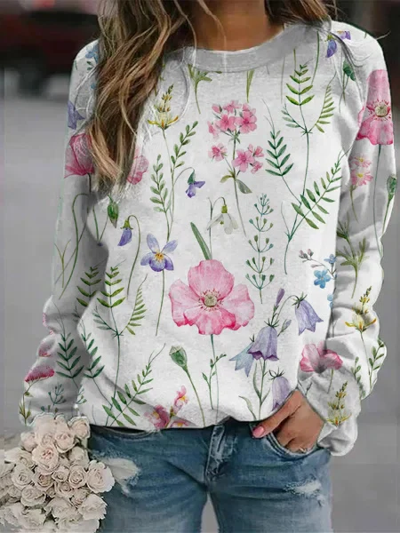 Women's Sweater Relaxed Fit Lightweight Knit Floral Print Crew Neck Long Sleeve