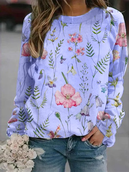 Women's Sweater Relaxed Fit Lightweight Knit Floral Print Crew Neck Long Sleeve