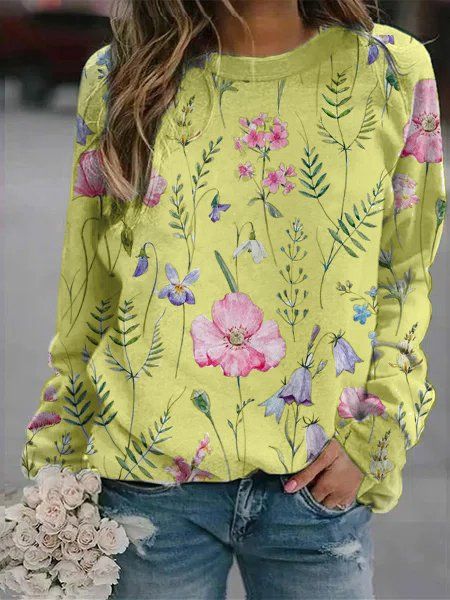 Women's Sweater Relaxed Fit Lightweight Knit Floral Print Crew Neck Long Sleeve