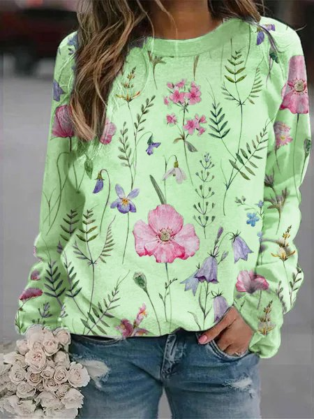 Women's Sweater Relaxed Fit Lightweight Knit Floral Print Crew Neck Long Sleeve