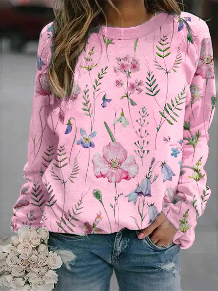 Women's Sweater Relaxed Fit Lightweight Knit Floral Print Crew Neck Long Sleeve