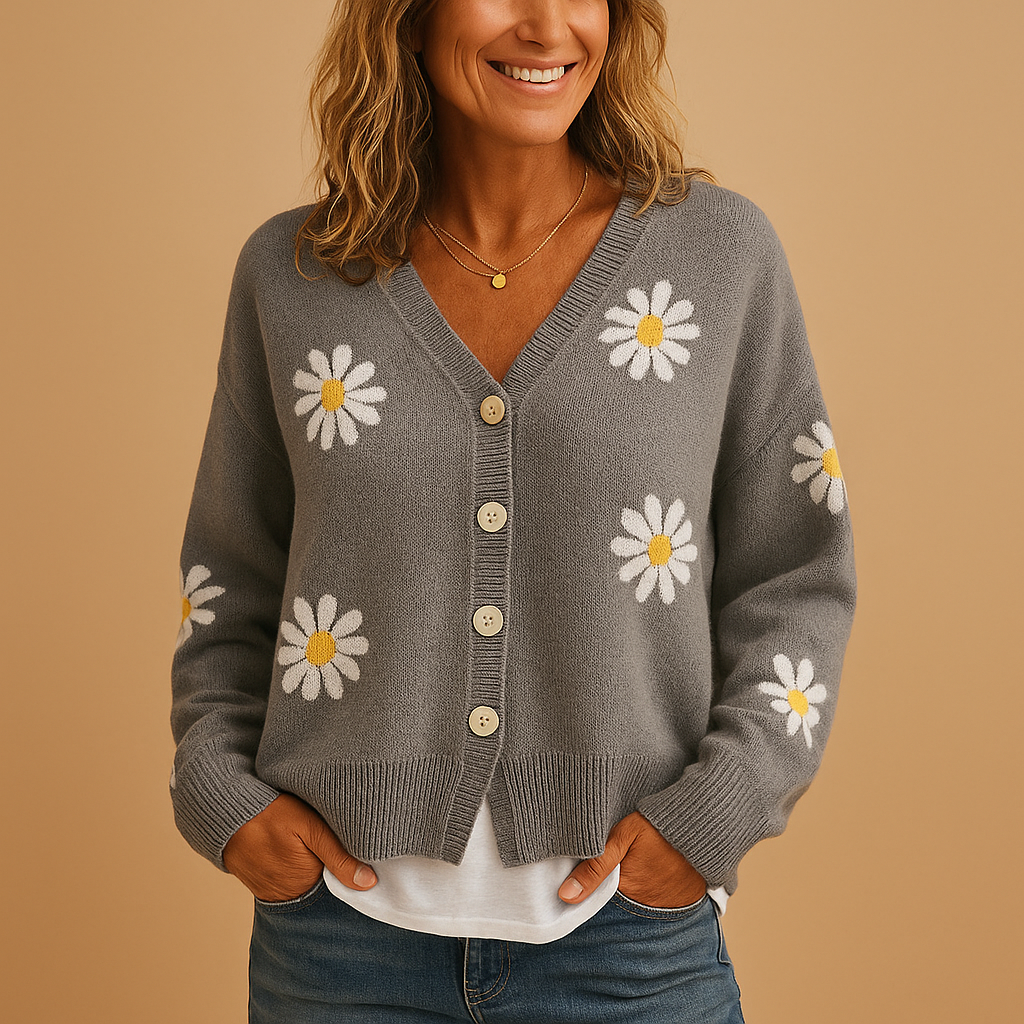 Knitted women’s cardigan with floral pattern and button closure | Marije