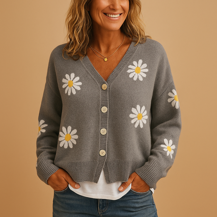 Knitted women’s cardigan with floral pattern and button closure | Marije