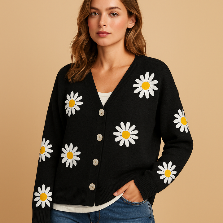 Knitted women’s cardigan with floral pattern and button closure | Marije