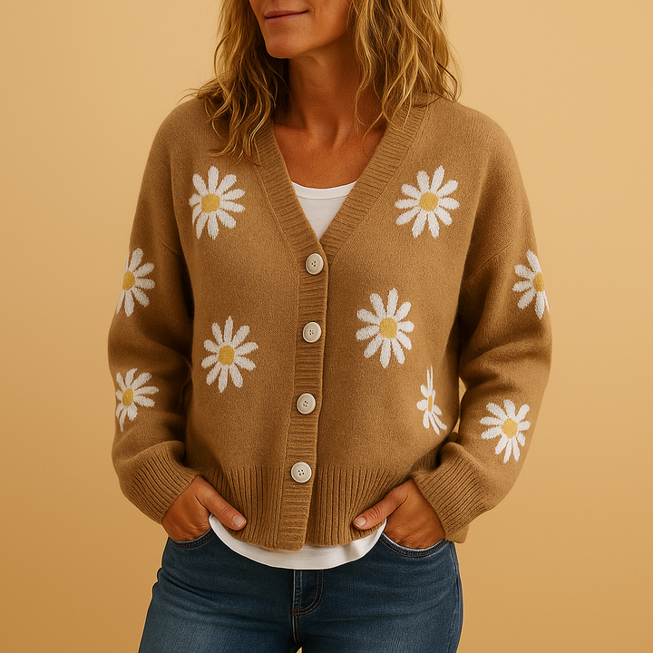Knitted women’s cardigan with floral pattern and button closure | Marije