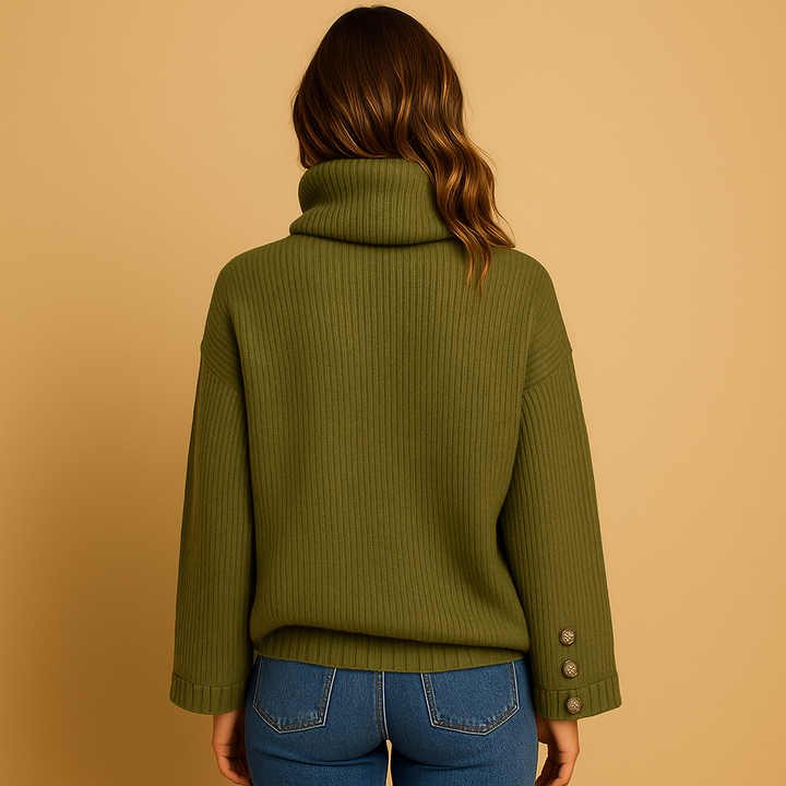 Knitted turtleneck sweater with button detail for women | Aafke
