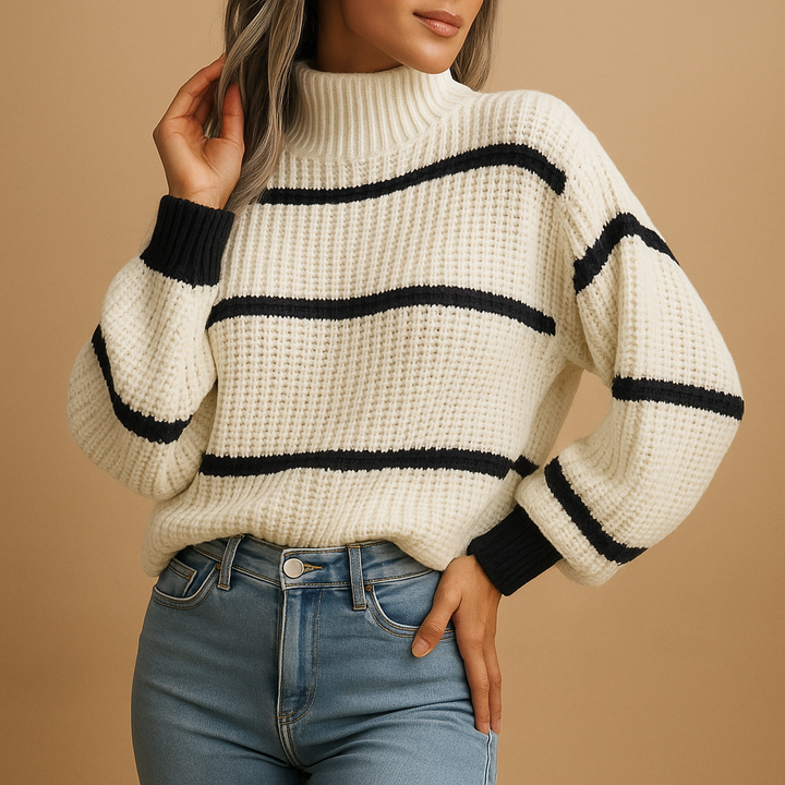 Knitted women’s sweater with high neck and stripes | Isa
