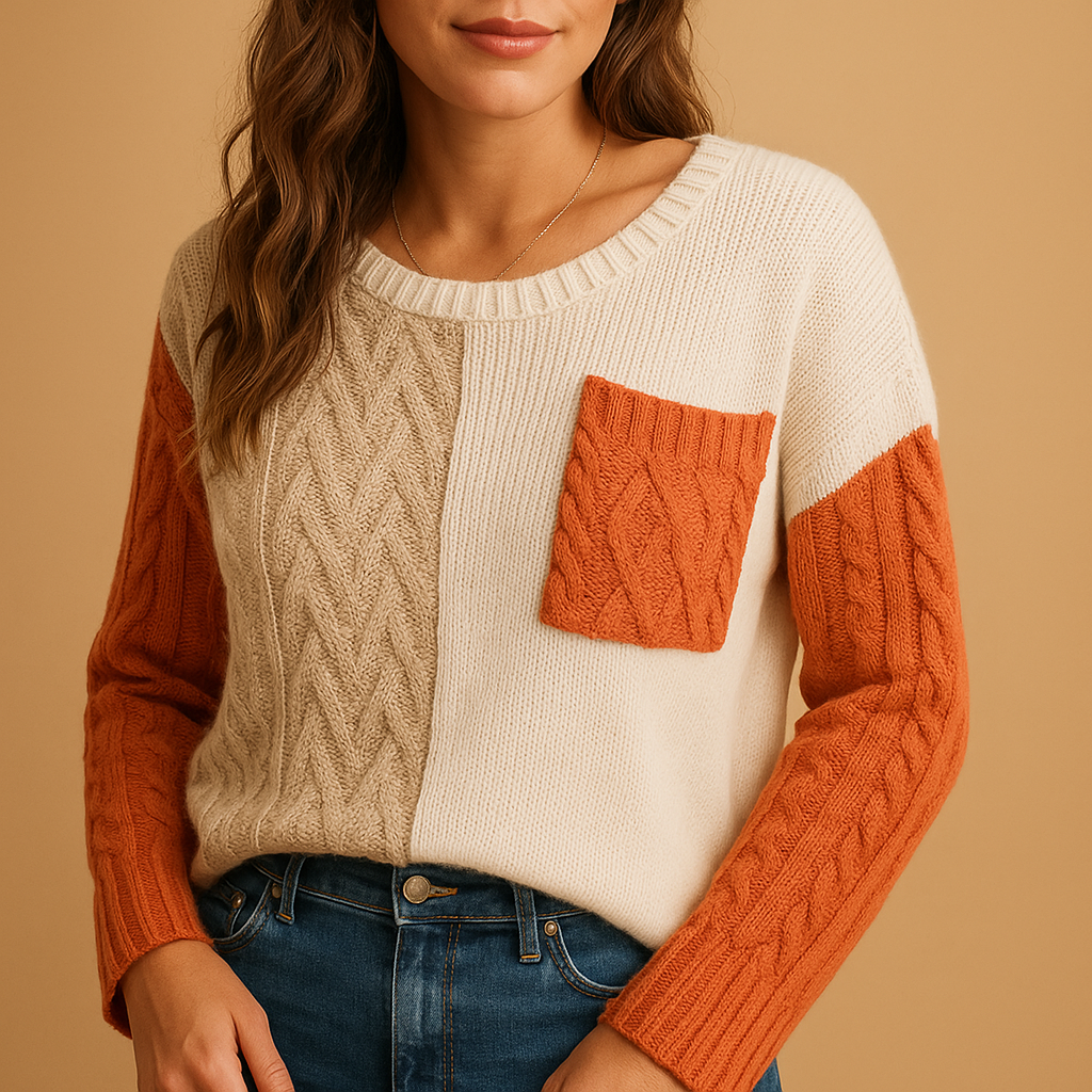 Knitted women’s sweater with cable pattern and pocket detail | Yara