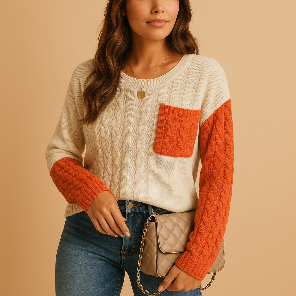 Knitted women’s sweater with cable pattern and pocket detail | Yara
