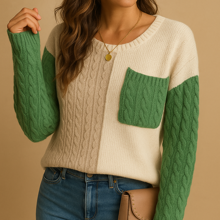 Knitted women’s sweater with cable pattern and pocket detail | Yara