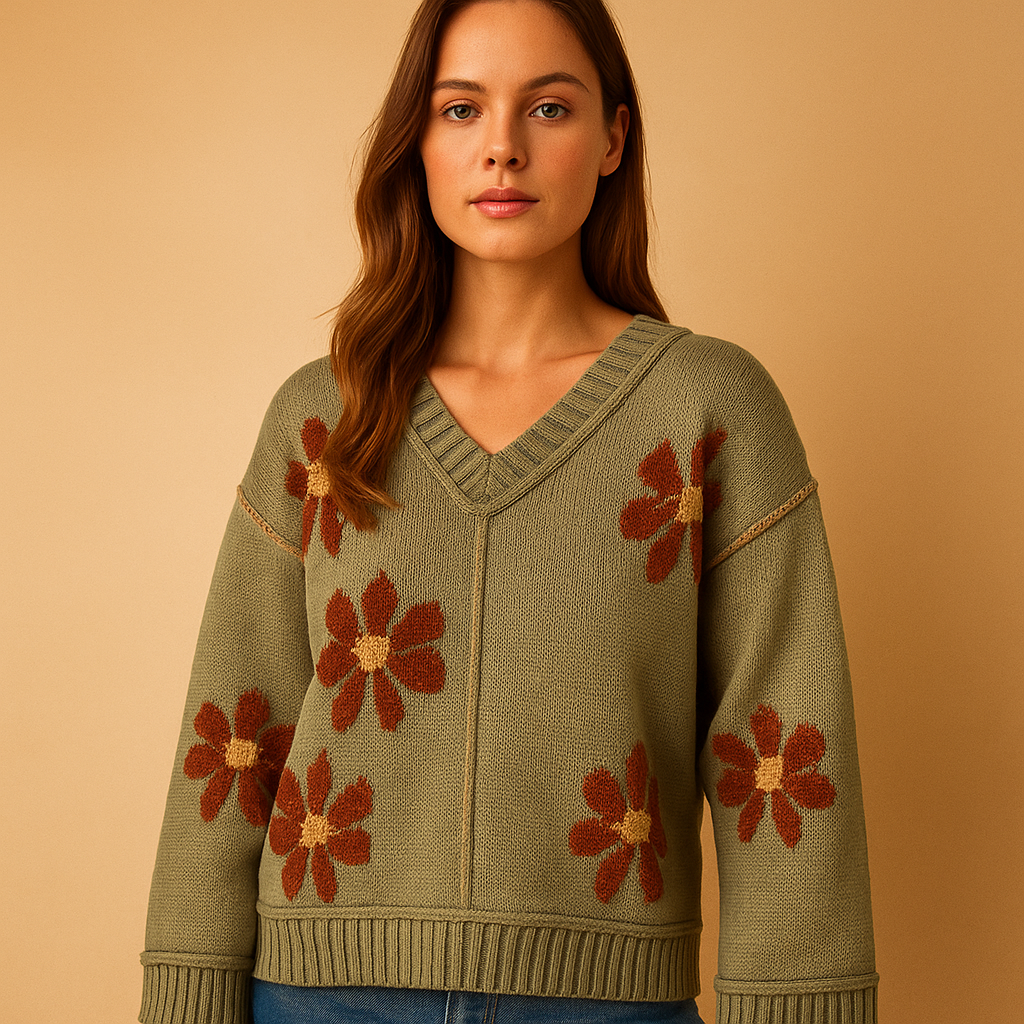 Knitted V-neck women’s sweater with floral pattern | Elvira