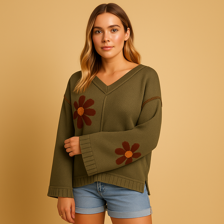 Knitted V-neck women’s sweater with floral pattern | Elvira