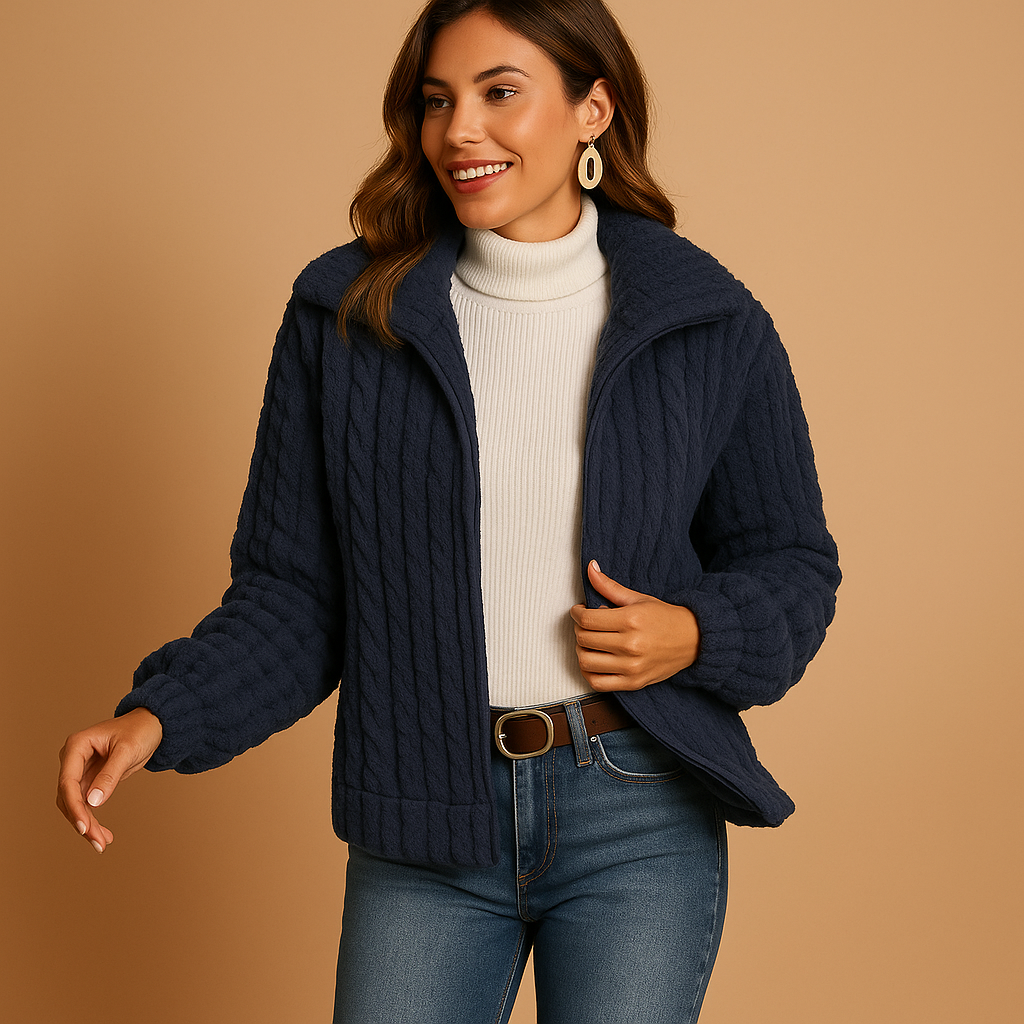 Long fleece cardigan with stand-up collar for women | Isabelle