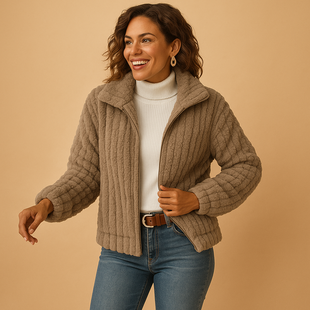 Long fleece cardigan with stand-up collar for women | Isabelle