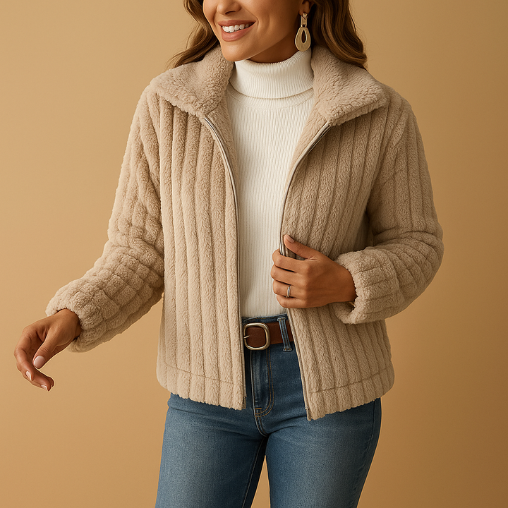 Long fleece cardigan with stand-up collar for women | Isabelle