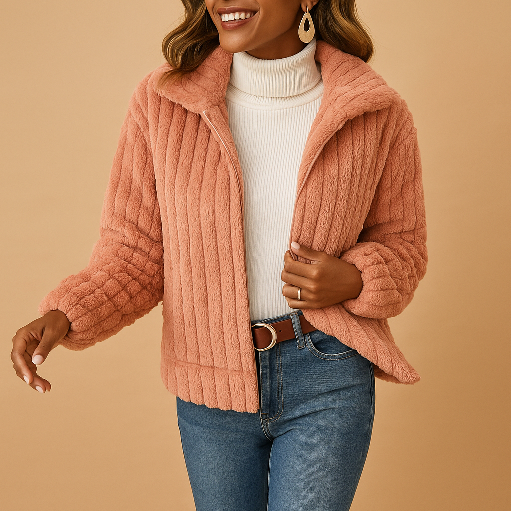 Long fleece cardigan with stand-up collar for women | Isabelle